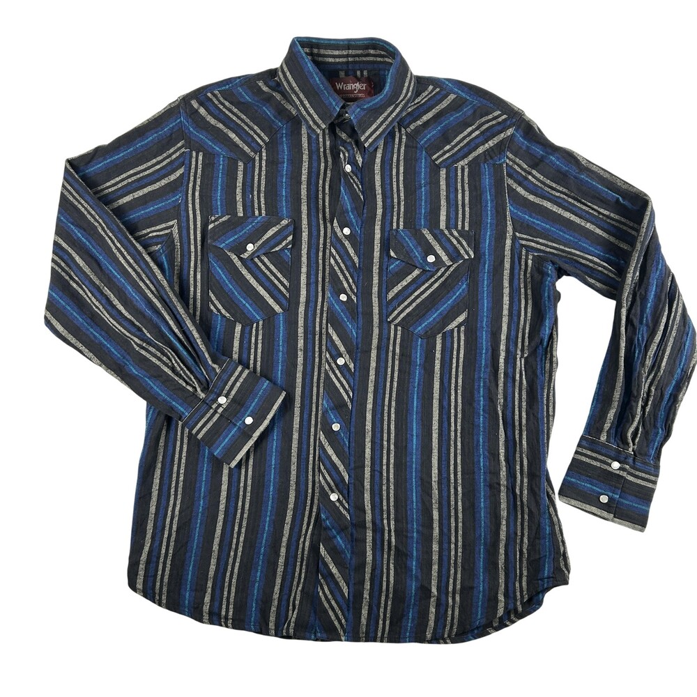 Vintage Wrangler Shirt Mens Large Blue Stripe Flannel Western Pearl Snap